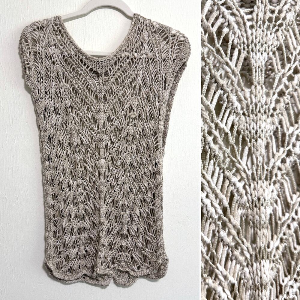 Eileen Fisher Womens Crochet Open Knit Top L Beige Taupe Layerable Neutral Boho